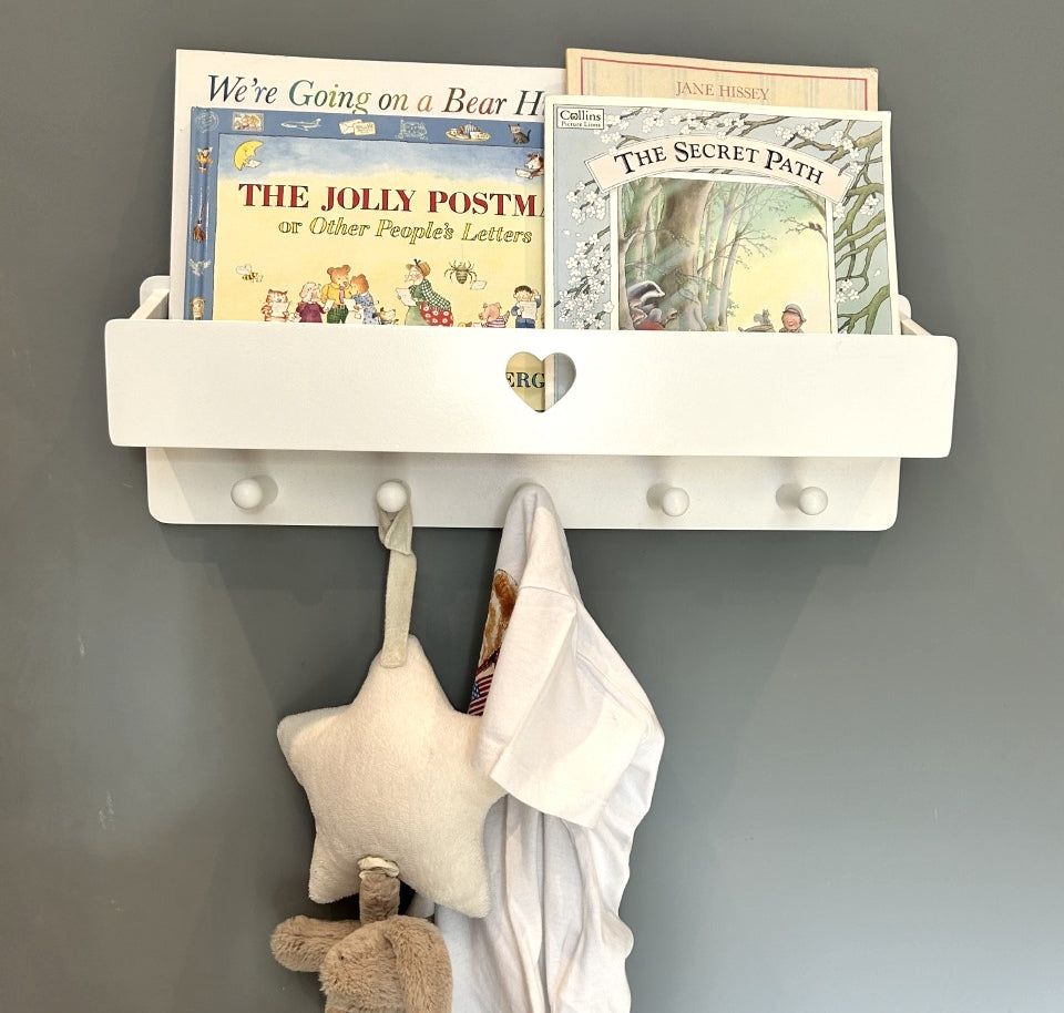 White Wooden Wall Shelf with Hooks 48cm