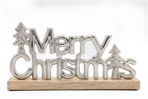 Silver Merry Christmas On Wood Base 29cm