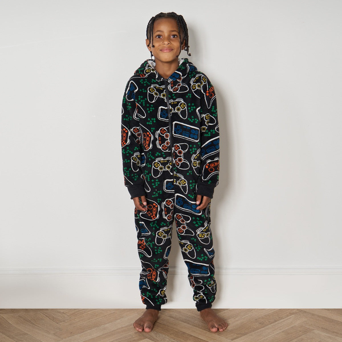 Kids Gaming Print Fleece Onesie - Black